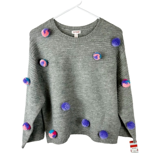 Cat and Jack Grey Girls Pullover Pom Pom Sweater Size XL - Picture 1 of 8